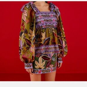 Farm Rio Green Wild Jungle Blouse Long Puff Sleeve Lace small